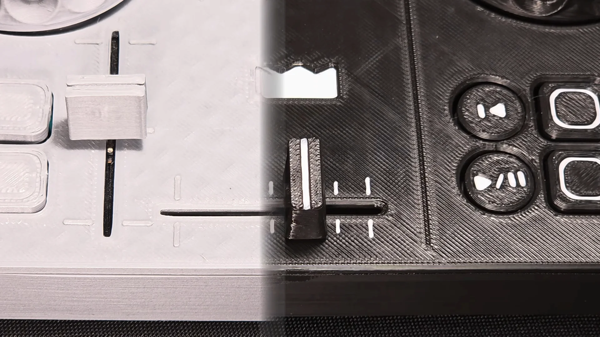 Close-up of the tempo fader and the deck buttons, the earlier version on the left and the new one on the right